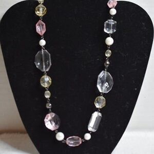 Vintage 60's Pink Yellow Clear Glass Beaded Silver Tone 34 Inch Chic Necklace